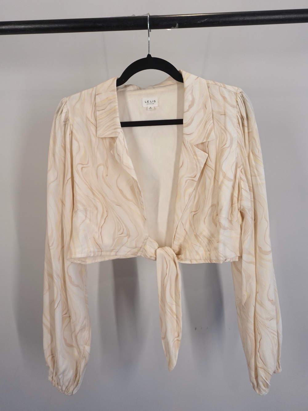 Cream Plunging Neckline Long Sleeve Tie-Front Crop Top